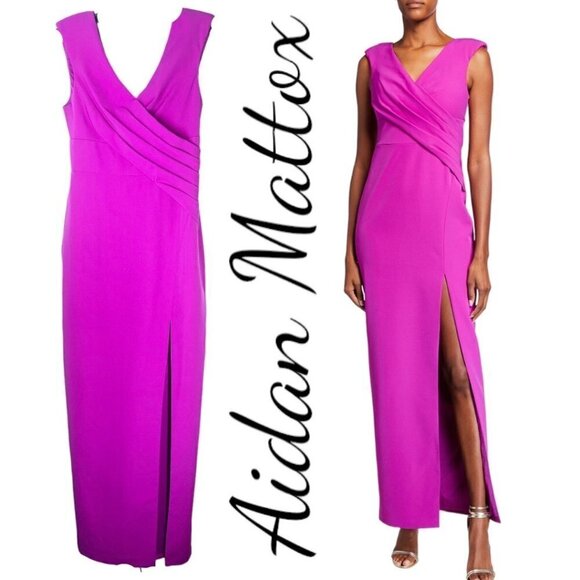 NWT AIDAN MATTOX Draped Sheath Evening Gown Fuchsia Magenta V-Neck, Size 2 - Picture 6 of 14